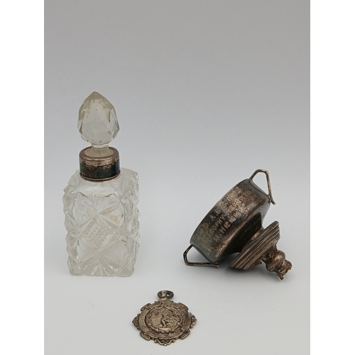 221 - A trio of silver items. To include, a damaged trophey Engraved M&B A.B.C 1952 Club Trophey-memento J... 