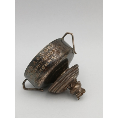 221 - A trio of silver items. To include, a damaged trophey Engraved M&B A.B.C 1952 Club Trophey-memento J... 