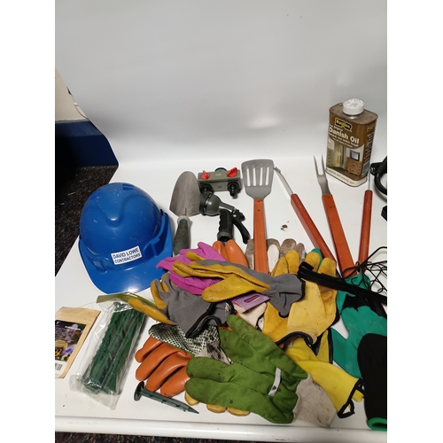 89 - A large collection of gardening equipment, to include a barbecue set, gloves, hard hat, Danish oil a... 