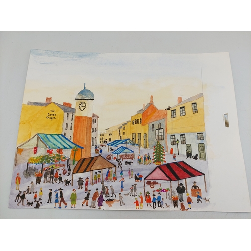 112 - An original watercolour on card depicting a busy market scene in the style of L S Lowry. Measures 16... 