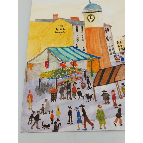 112 - An original watercolour on card depicting a busy market scene in the style of L S Lowry. Measures 16... 