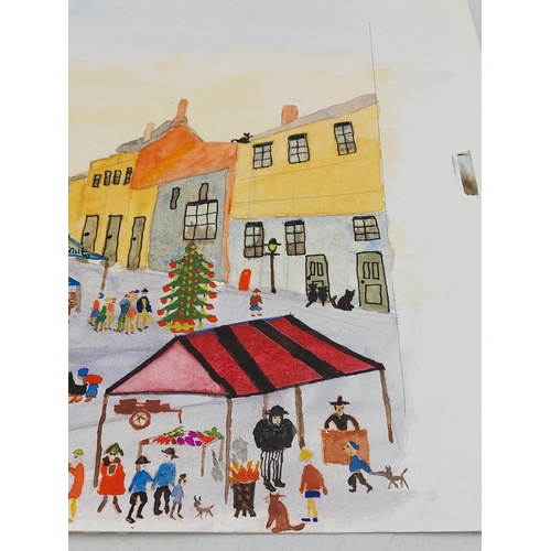 112 - An original watercolour on card depicting a busy market scene in the style of L S Lowry. Measures 16... 