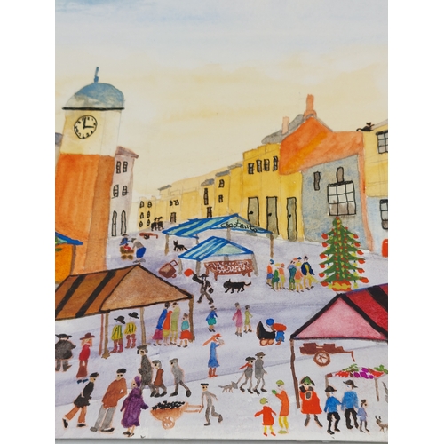 112 - An original watercolour on card depicting a busy market scene in the style of L S Lowry. Measures 16... 