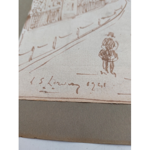 113 - An original ink street scene sketch on paper. Signed L S Lowry 1941.