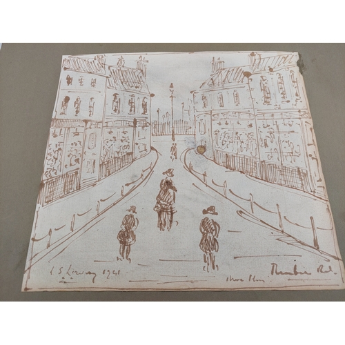 113 - An original ink street scene sketch on paper. Signed L S Lowry 1941.