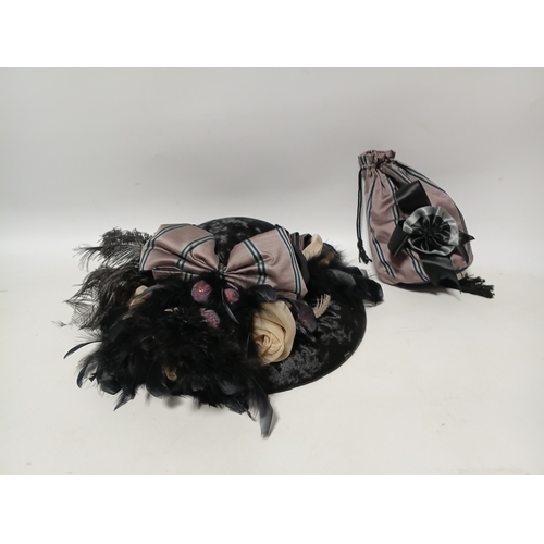281 - A vintage-style decorative hat featuring black feathers and a striped bow plus a matching bag.