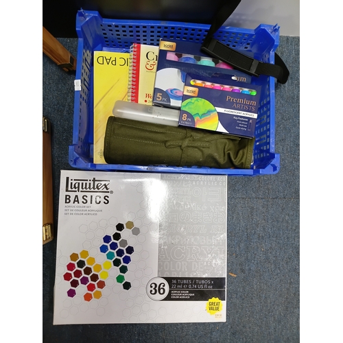 99 - A collection of artists equipment to include, a canvas 24 inches by 36 inches, 36 acrylic colour set... 