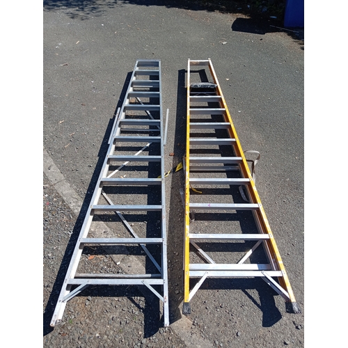 97 - A pair of step / swing-back ladders. (Height of platform 90 inches x total length 120 inches) & Heig... 