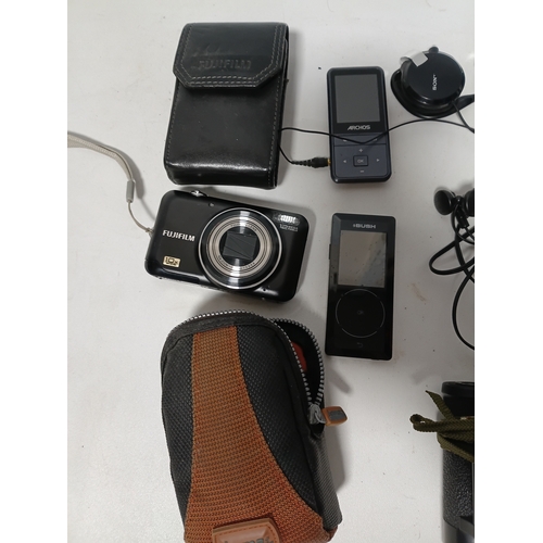 230 - A collection of items to include, door bells, mp3 players, headphones, a Fujifilm camera, 2 camera b... 