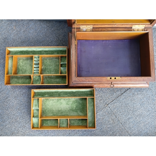 292 - A Victorian inlaid wooden jewellery box with velvet lined removable trays, complete with key. Height... 