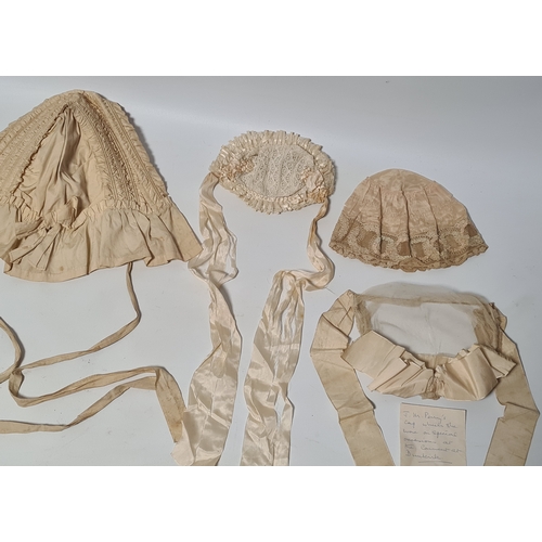 247 - A collection of 4 Victorian Ladies Bonnets & ribbon laced hats. One has an accompanying note to say ... 