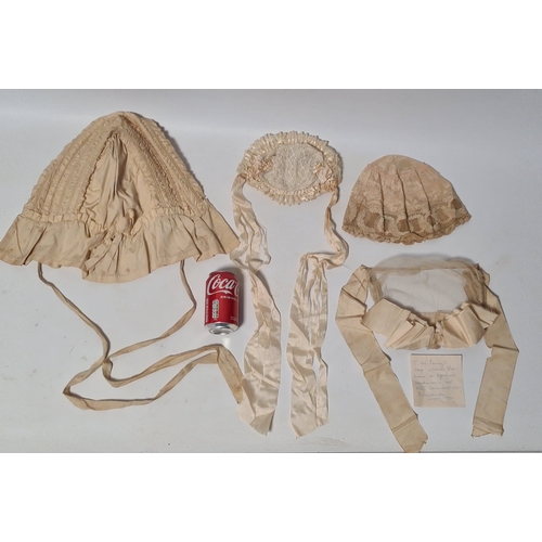 247 - A collection of 4 Victorian Ladies Bonnets & ribbon laced hats. One has an accompanying note to say ... 