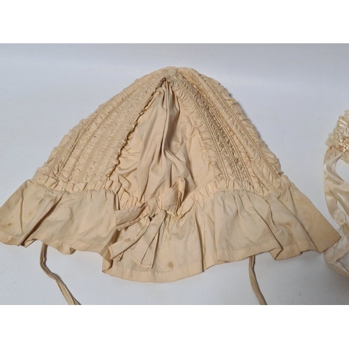 247 - A collection of 4 Victorian Ladies Bonnets & ribbon laced hats. One has an accompanying note to say ... 