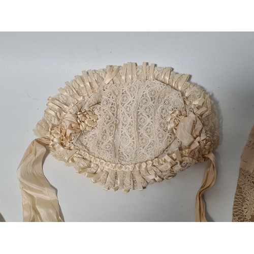 247 - A collection of 4 Victorian Ladies Bonnets & ribbon laced hats. One has an accompanying note to say ... 