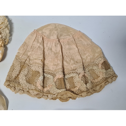 247 - A collection of 4 Victorian Ladies Bonnets & ribbon laced hats. One has an accompanying note to say ... 