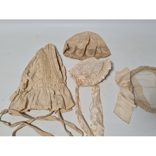 247 - A collection of 4 Victorian Ladies Bonnets & ribbon laced hats. One has an accompanying note to say ... 