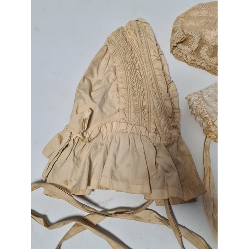 247 - A collection of 4 Victorian Ladies Bonnets & ribbon laced hats. One has an accompanying note to say ... 