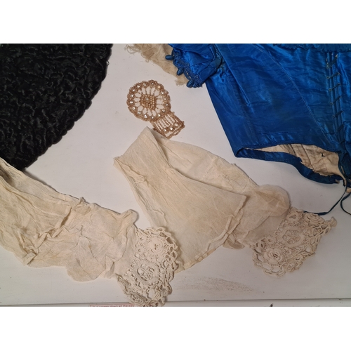 295 - A collection 6 Victorian ladies clothing items to include a ruffed collar; a black lamb fur collar; ... 