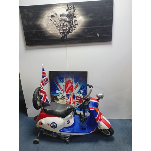 235 - A MOD scooter model ideal for a mancave with 2 scooter large wall art items.