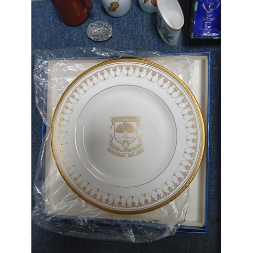 15 - A collection of ceramic items, including tea sets, decorative plates with emblems and sets of crysta... 