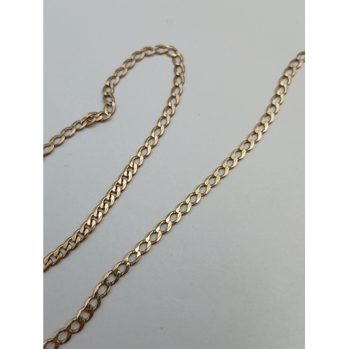 402 - A stamped 375 9ct gold flat link necklace. Needs new clasp. Length 24 inches. Weight 10.4g