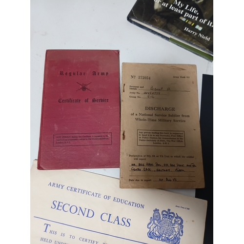 211 - A collection of army memorabilia. To include, regular army certificate of service, a certificate of ... 