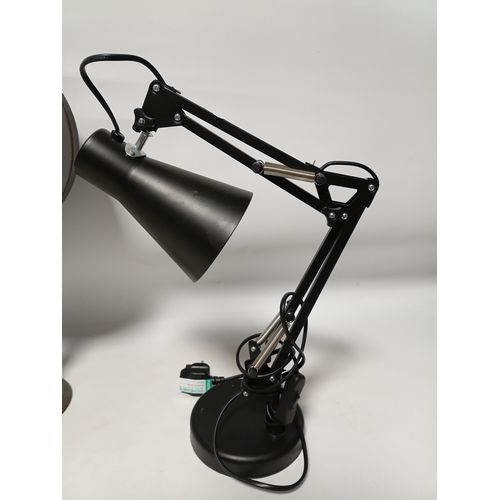 221 - A pair of pat tested and working angle poise style table lamps and a hotel Haywards clock, the large... 