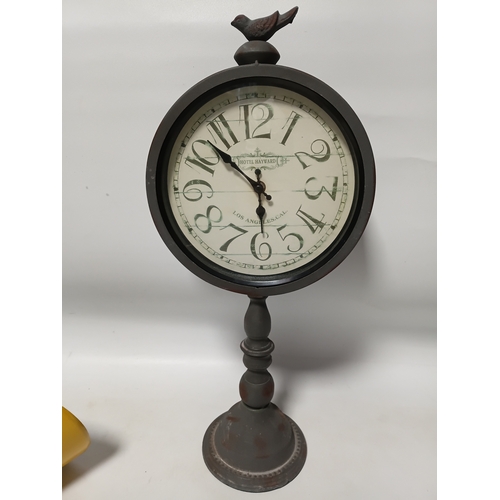 221 - A pair of pat tested and working angle poise style table lamps and a hotel Haywards clock, the large... 