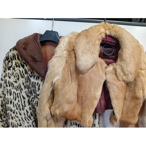 284 - A pair of fur coats - a long leopard print coat with dark brown sleeve cuffs and collar, and a suede... 