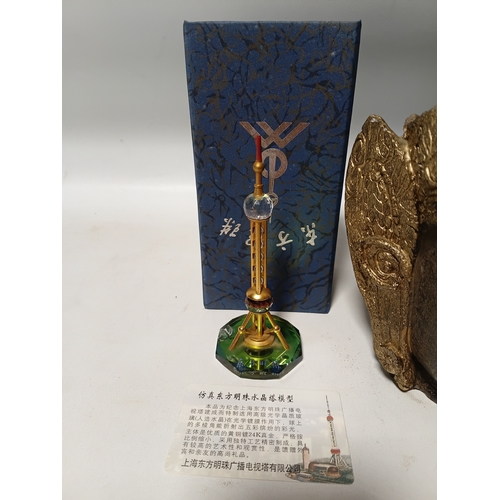 285 - A tall, hand-carved wooden standing Buddha statue, 2 Buddha heads, 2 red Chinese New Year tassel orn... 