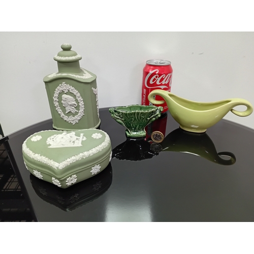 289 - A collection of ceramics. To include, jasperware flask and trinket pot, Wade pot and a Denby dish.