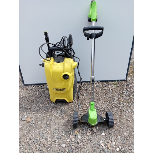 195 - A working electric one handed lawn mower & a Archer K4 compact jet wash from a house clearance, unte... 