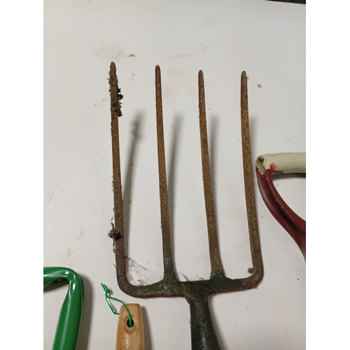 191 - A collection of gardening tools. To include a fork, 2 shovels, 2 spades and a mini hoe.