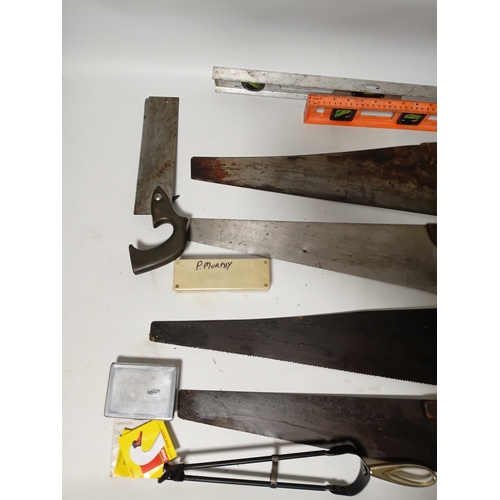172 - A collection of tools to include, hand saws, levels, a sander, a spray gun and more.