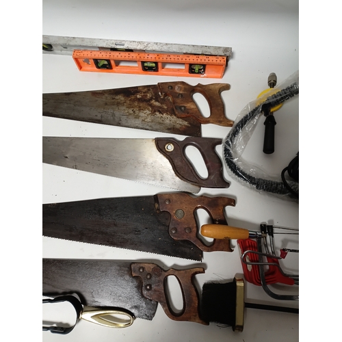 172 - A collection of tools to include, hand saws, levels, a sander, a spray gun and more.
