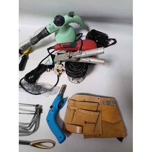 172 - A collection of tools to include, hand saws, levels, a sander, a spray gun and more.