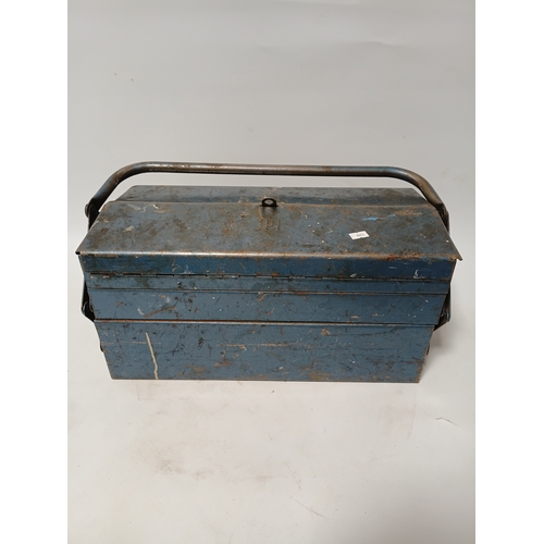 174 - A vintage blue metal cantilever toolbox full of tools such as, pliers, screwdrivers, a scraper and m... 
