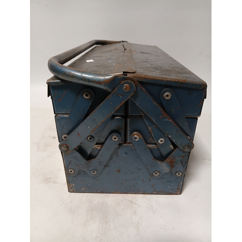 174 - A vintage blue metal cantilever toolbox full of tools such as, pliers, screwdrivers, a scraper and m... 