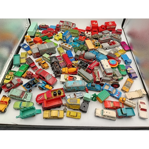 160 - A large collection of vintage diecast toy cars contains Matchbox models ,Corgi, Dinky, and Majorette... 