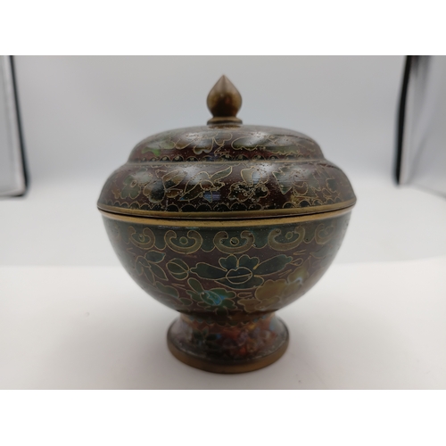 300 - A vintage Chinese Cloisonne trinket pot with lid, a decorative floral design. Height 4 inches x Widt... 