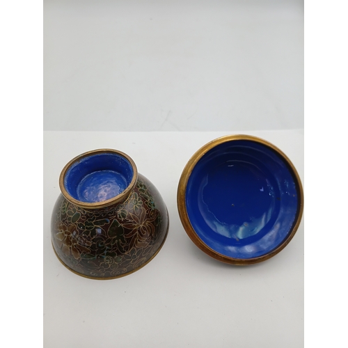 300 - A vintage Chinese Cloisonne trinket pot with lid, a decorative floral design. Height 4 inches x Widt... 