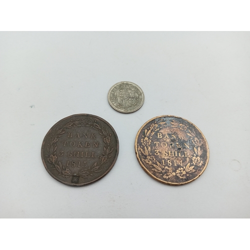 A collection of 3 coins & tokens. To include 1814-15 3 shillings copper ...