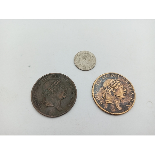A collection of 3 coins & tokens. To include 1814-15 3 shillings copper ...