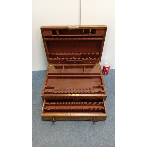 1 - Oak canteen with hinged lid and fall-front drawer, the interior fitted with velvet-lined partitions,... 
