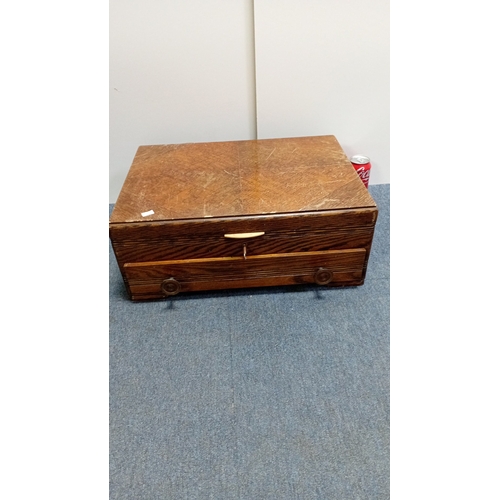 1 - Oak canteen with hinged lid and fall-front drawer, the interior fitted with velvet-lined partitions,... 