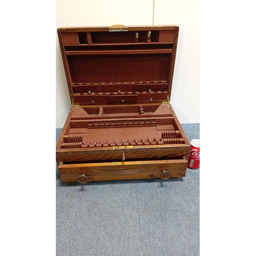 1 - Oak canteen with hinged lid and fall-front drawer, the interior fitted with velvet-lined partitions,... 