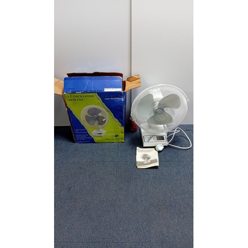 5 - Modern 12in oscillating desk fan, model SD-1207M, with three-speed push-button controls, powder-coat... 