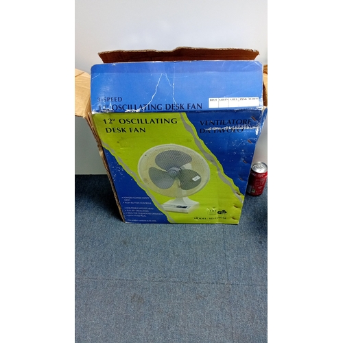 5 - Modern 12in oscillating desk fan, model SD-1207M, with three-speed push-button controls, powder-coat... 