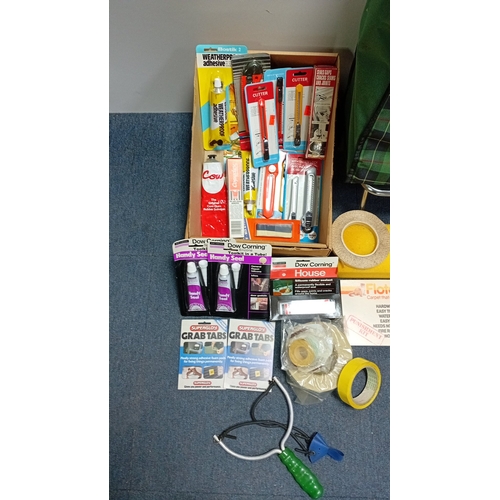 7 - A group of household and DIY sundries including a plaid folding shopping trolley, boxed LED and comp... 
