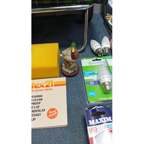 7 - A group of household and DIY sundries including a plaid folding shopping trolley, boxed LED and comp... 
